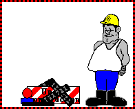 Animation of construction worker making an 'under construction' sign, giving a thumbs-up, and then it falling apart.